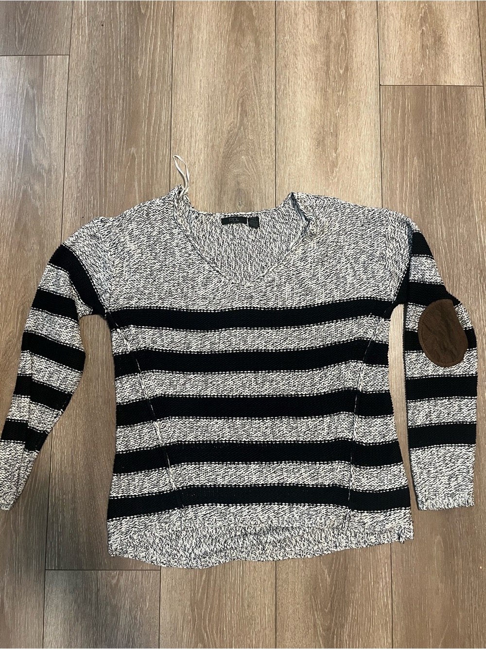 Striped V-Neck Sweater with Elbow Patch in Black & White